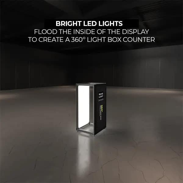 Bright LED-lit WaveLight® Casonara Counter enhances brand visibility with 360-degree graphics for impactful event displays.