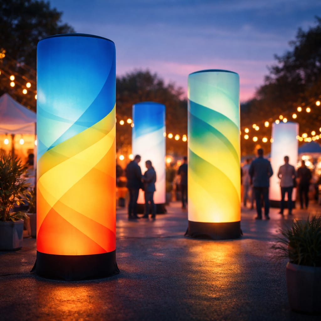 WaveLight Air Towers inflatable backlit towers branding a trade show booth with illuminated graphics