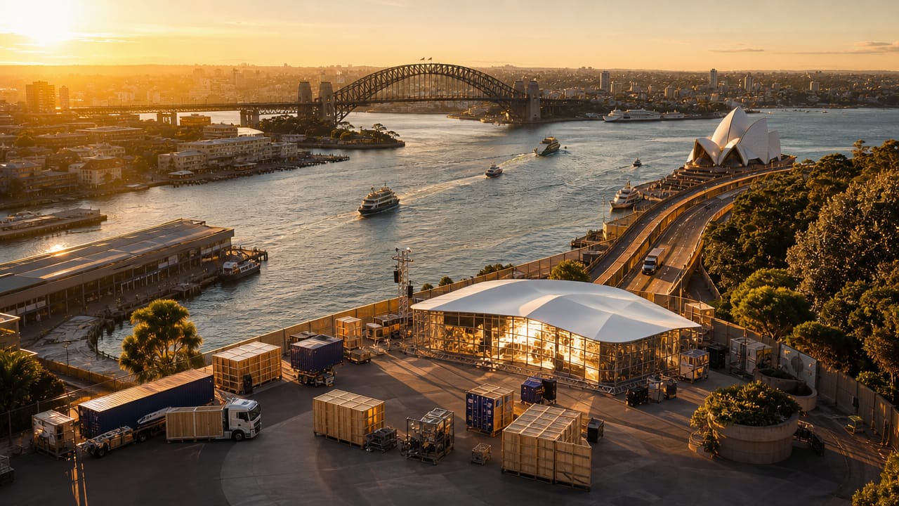 Forklift unloading exhibition freight at an Australian trade show venue loading dock