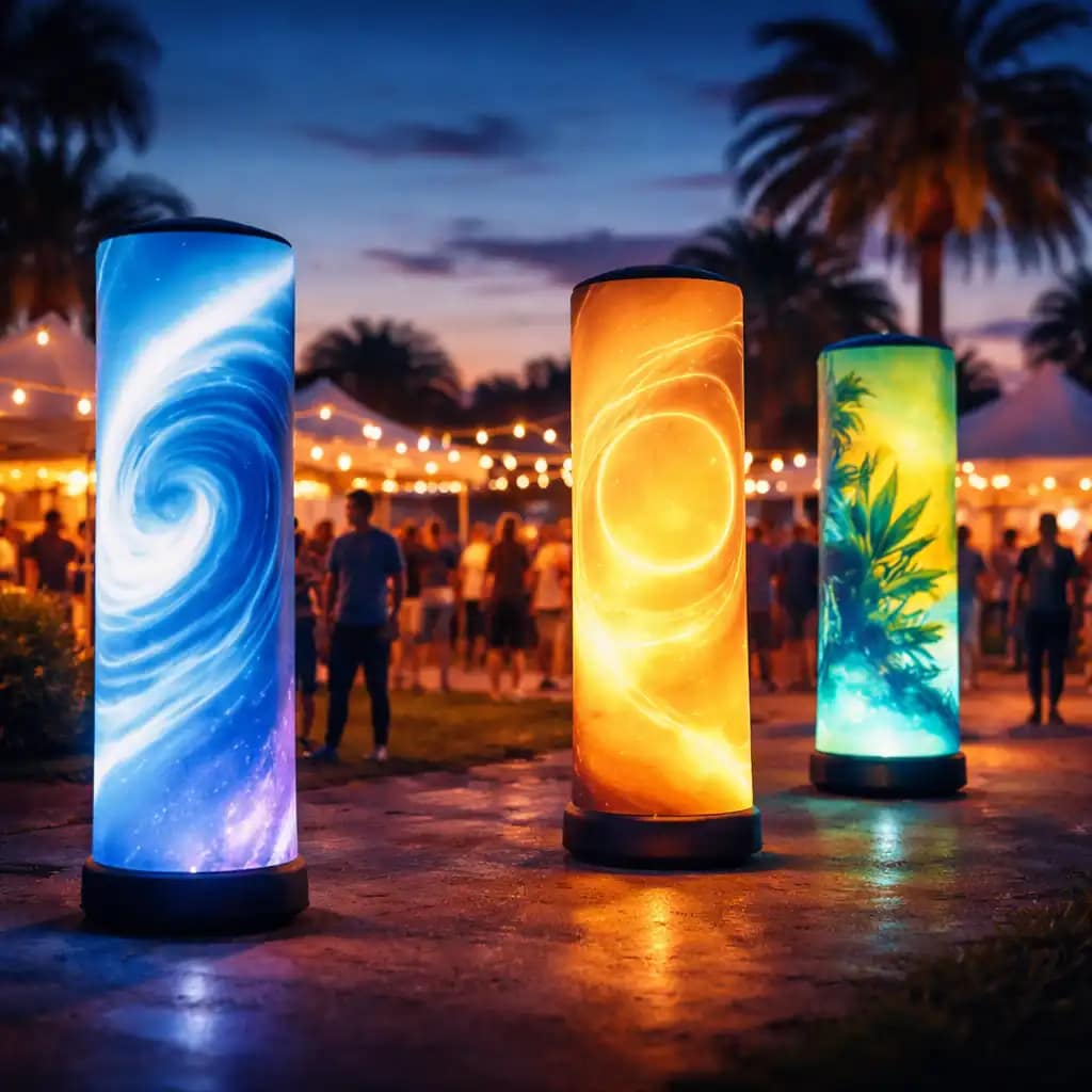 WaveLight Air Towers with LED backlit displays creating a bright branded 360-degree trade show presence