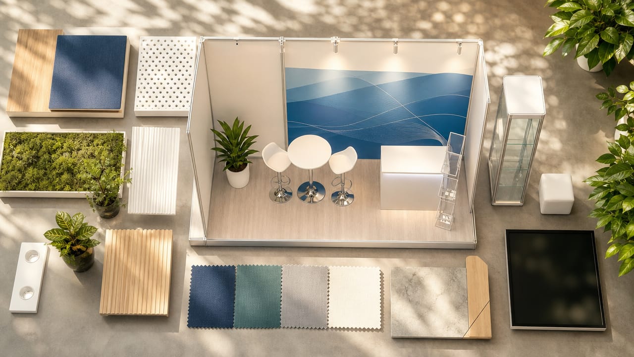 Modern shell scheme booth with backlit graphics and digital displays engaging visitors