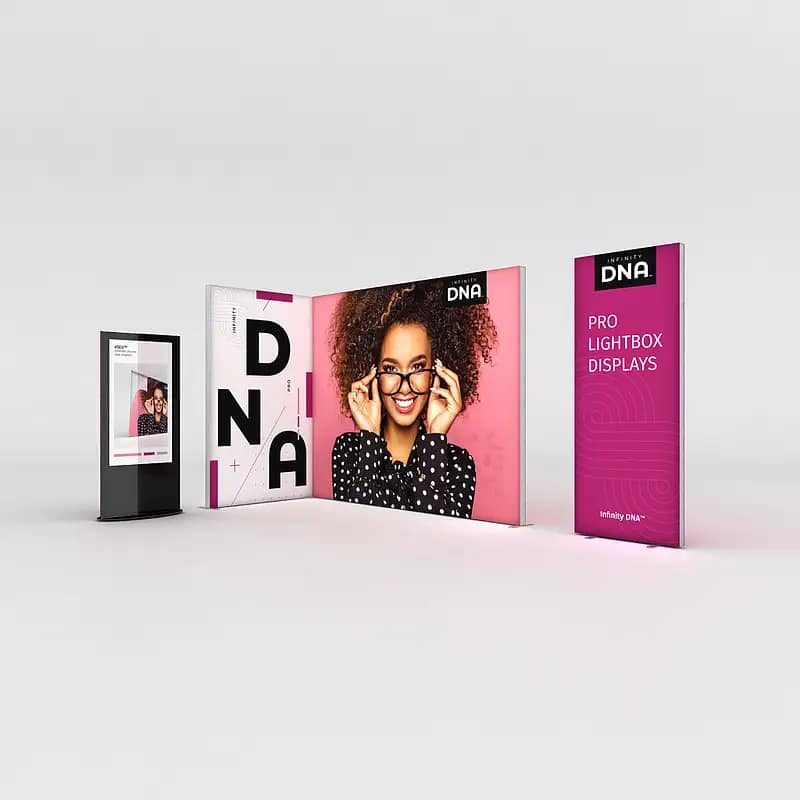 Modern Infinity DNA™ Pro Banners showcase flexible, high-quality promotional displays for impactful exhibition stands.
