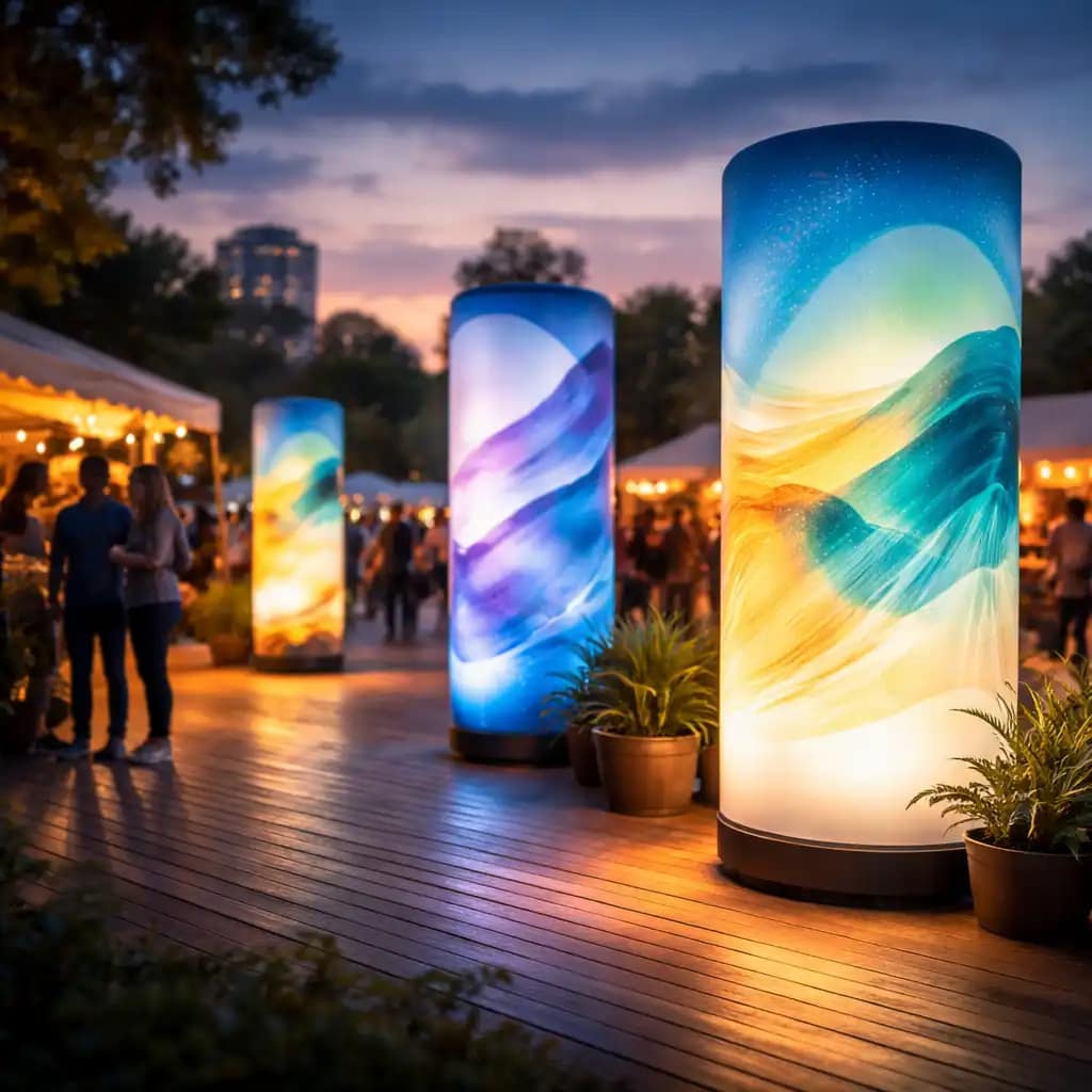 WaveLight Air Towers glowing at a trade show to maximise brand visibility and event marketing impact