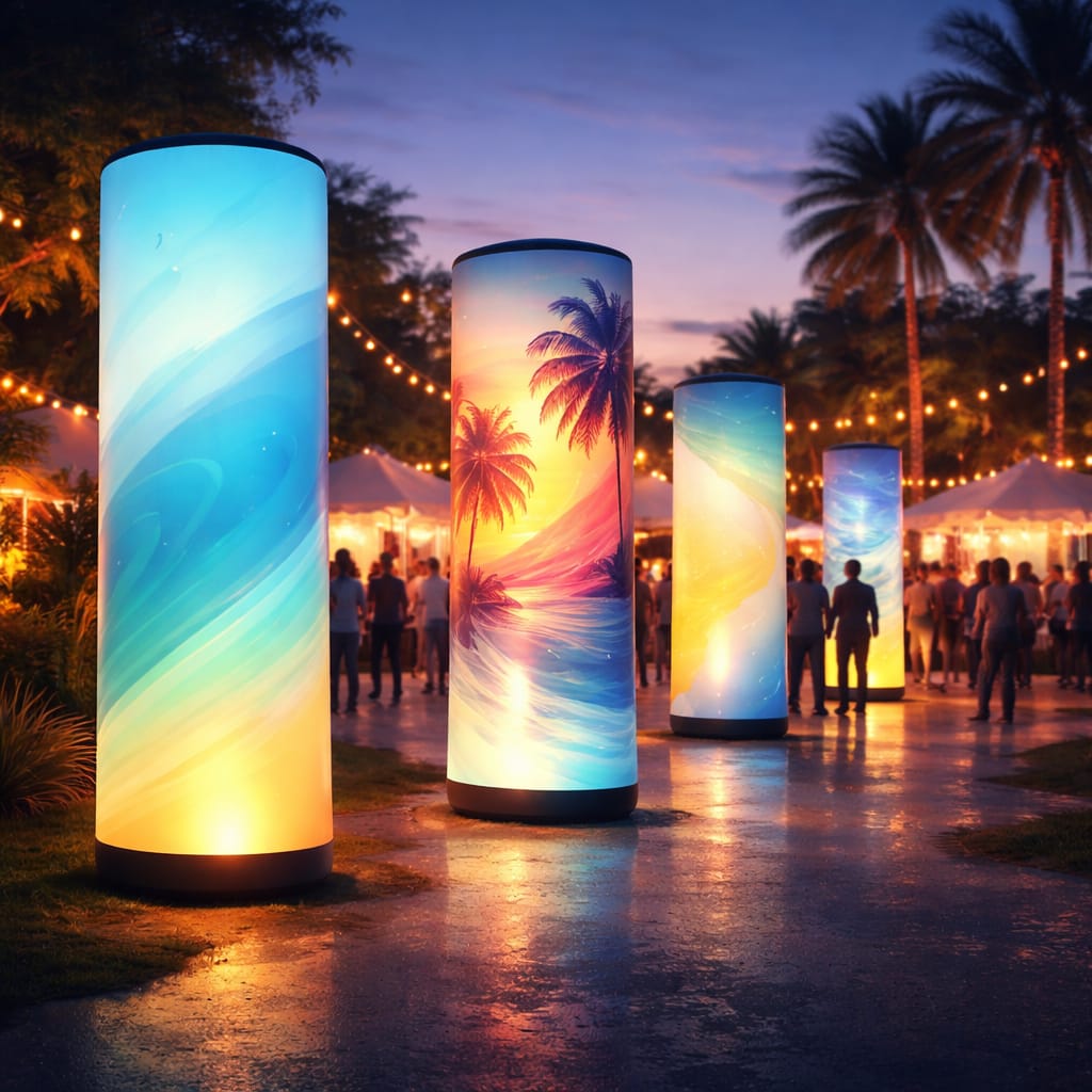 WaveLight Air Towers illuminate branding with 360-degree graphics and LED lighting at a live event