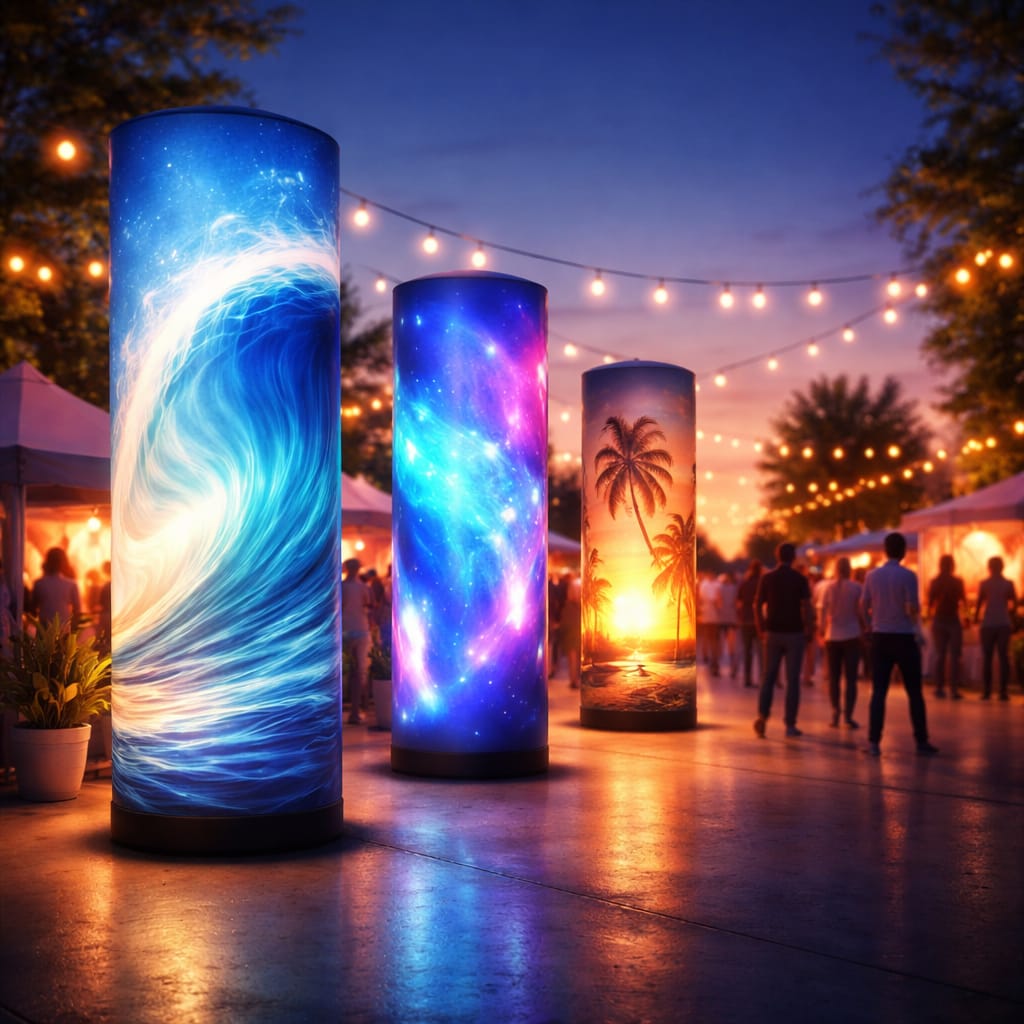 WaveLight Air Towers glowing with branded graphics as illuminated inflatable displays at a trade show