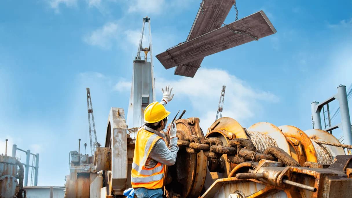 construction worker raising planks using crane