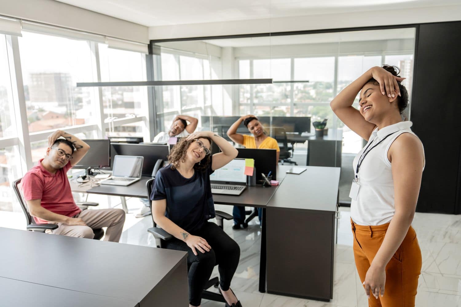 Employees on a wellness program in an office