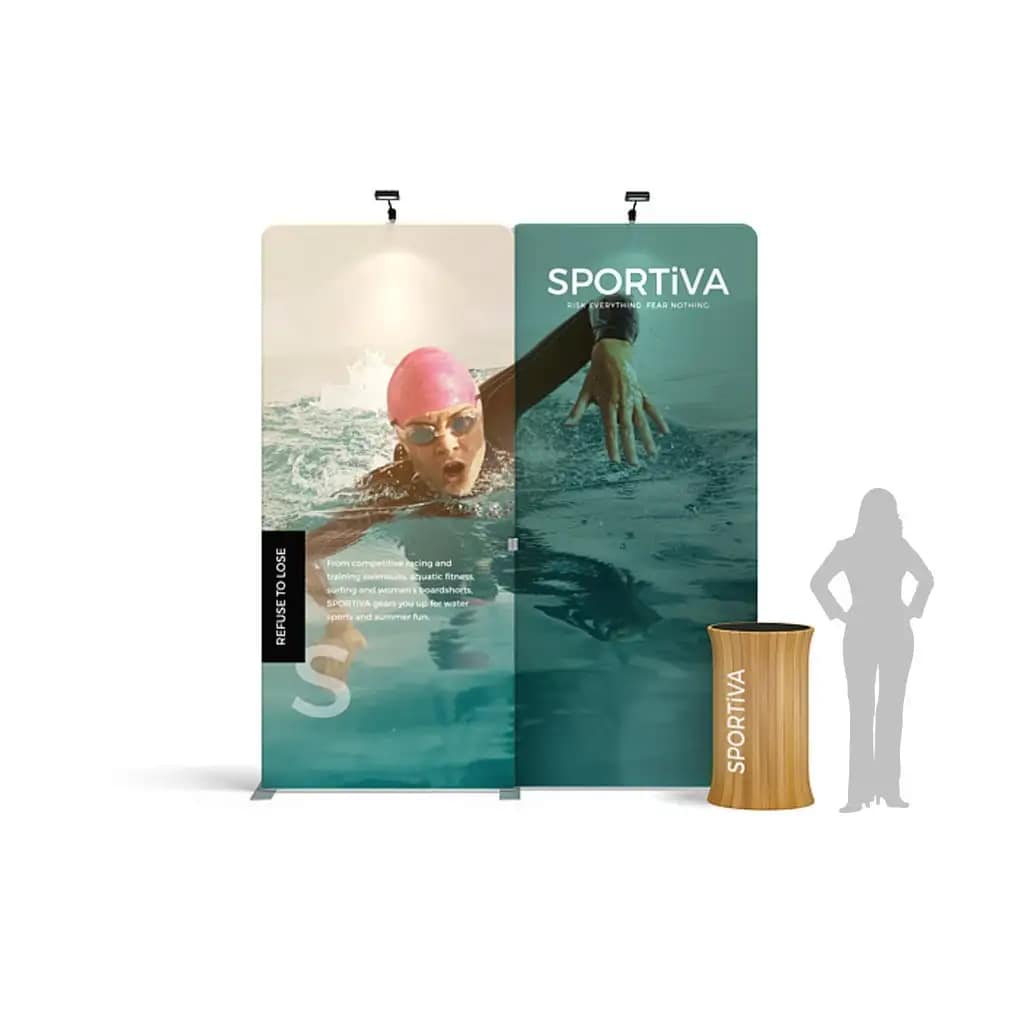Custom WaveLine® counter setup featuring vibrant graphics, ideal for engaging visitors at trade shows and events.