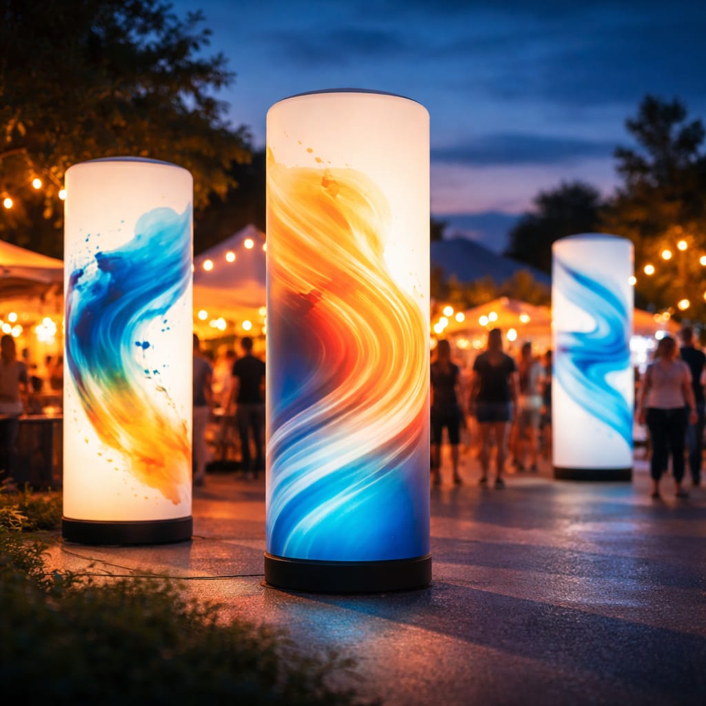 Branded WaveLight Air Towers creating tall glowing event signage solutions inside a busy trade show hall
