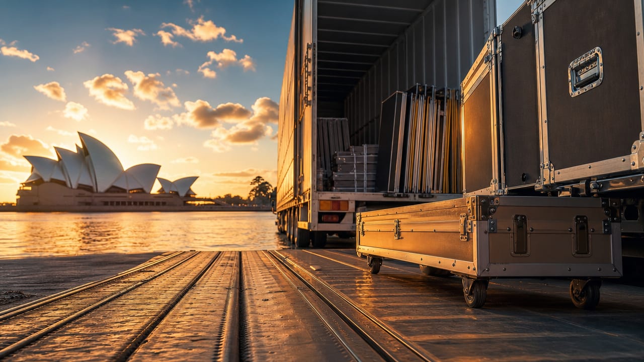 Forklift and crew handling exhibition freight at an Australian convention centre loading dock