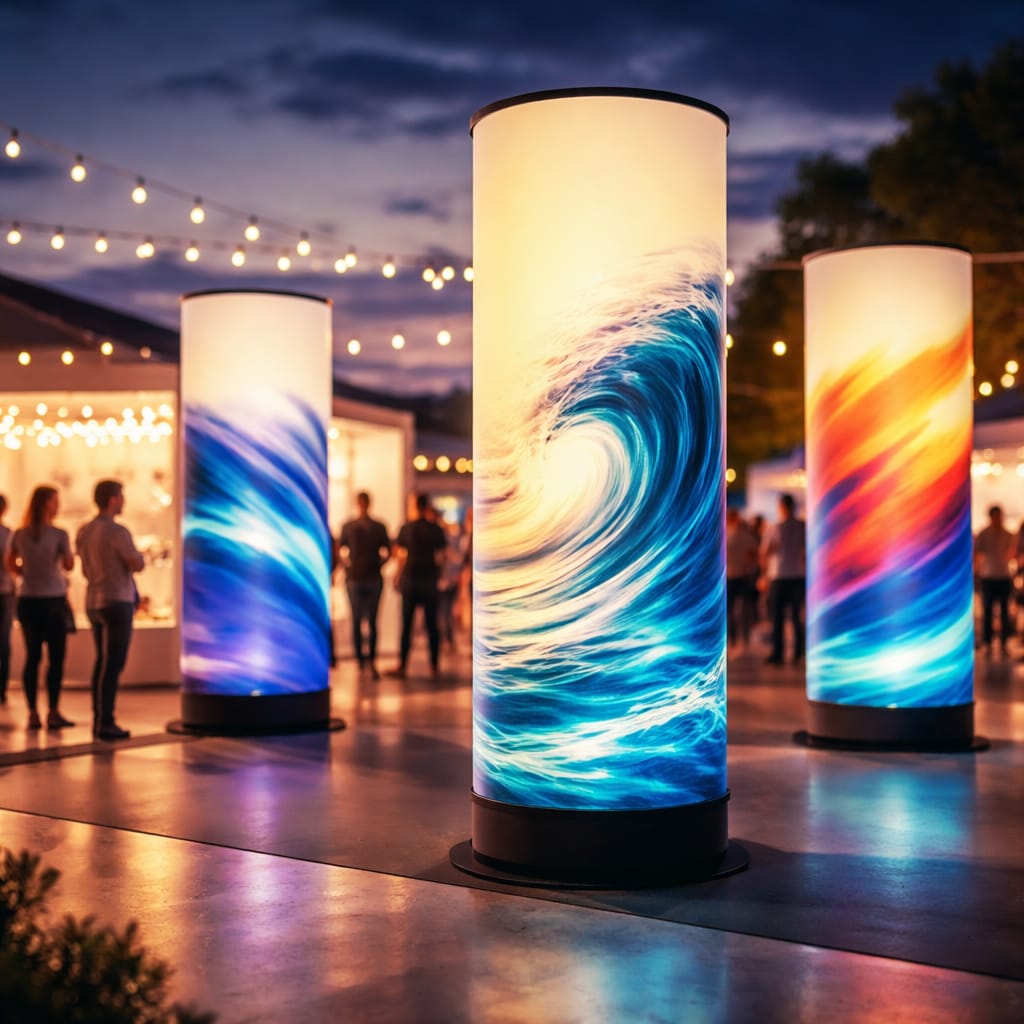 WaveLight Air Towers inflatable backlit towers at a trade show