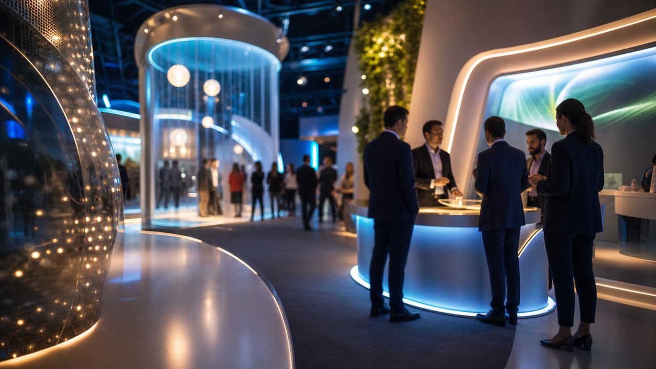 Australian exhibition stand with digital screens, product displays and visitors engaging on the show floor