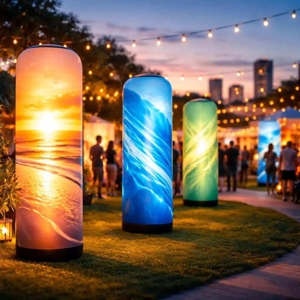LED inflatable tower displays showcasing custom branded inflatable towers at a busy trade show