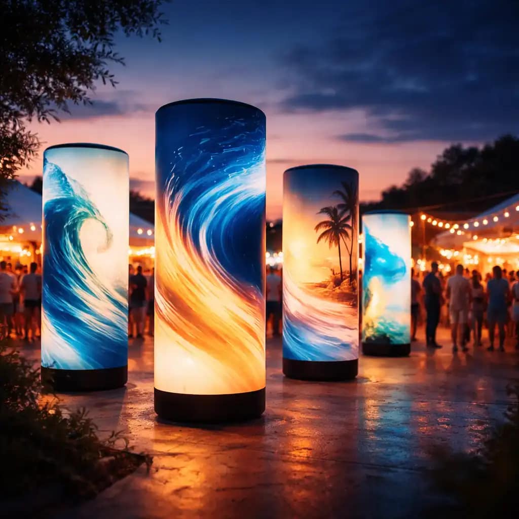 Branded LED air tower displays showcasing 360 degree backlit graphics at a busy trade show booth