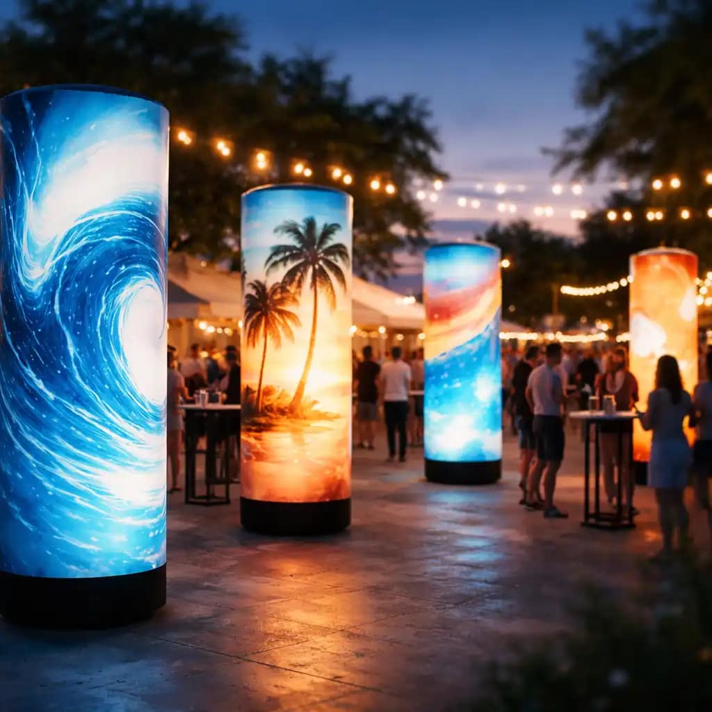 Branded WaveLight air towers used as illuminated event signage and wayfinding at a busy trade show
