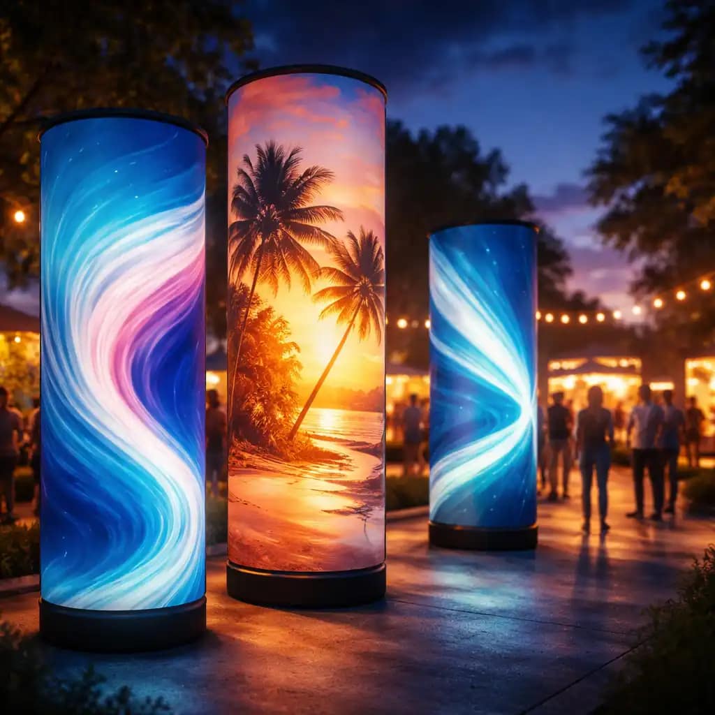 WaveLight Air Towers LED inflatable display towers in a modern trade show booth setting