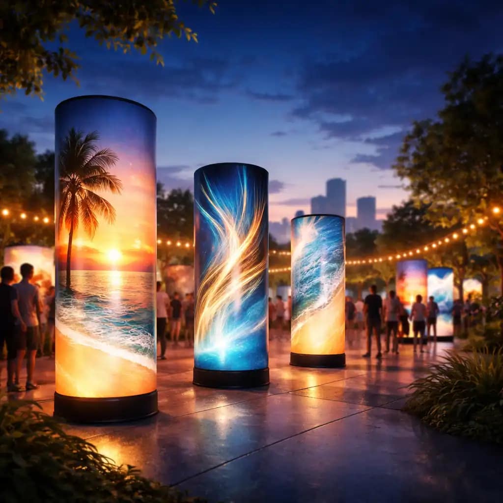 Branded inflatable light towers showcasing illuminated graphics inside a modern trade show booth