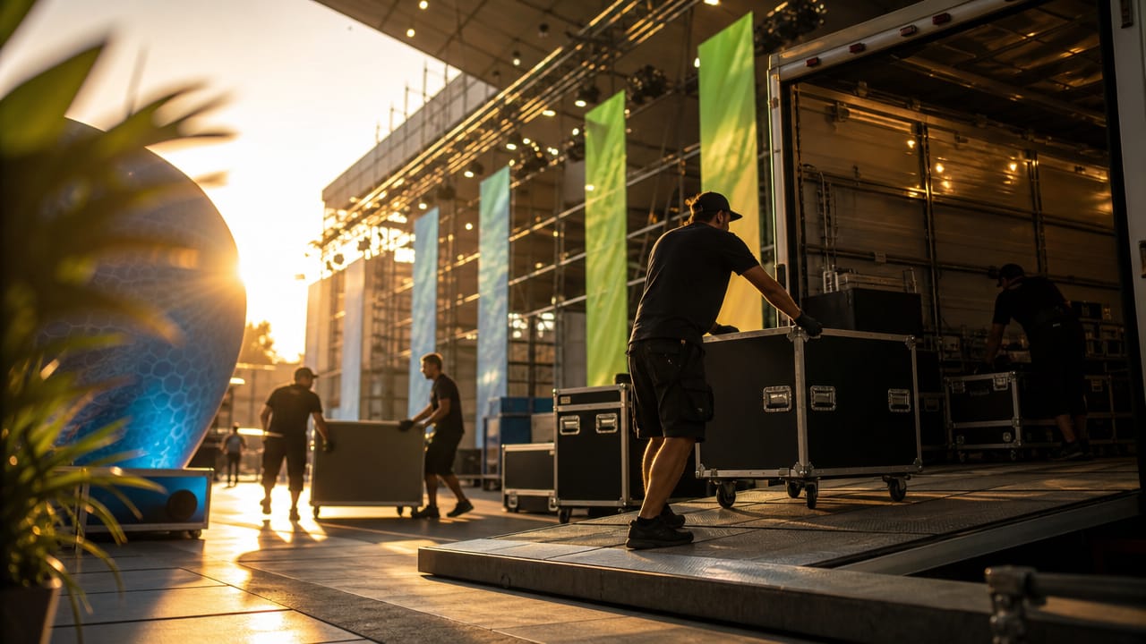 Specialist team managing trade show loading docks and exhibition freight safely and efficiently
