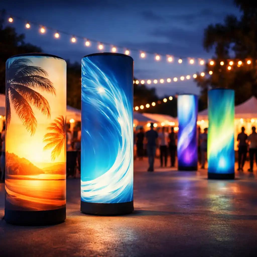 WaveLight Air Towers creating 360 degree glowing event pillars as branded inflatable event displays at a trade show