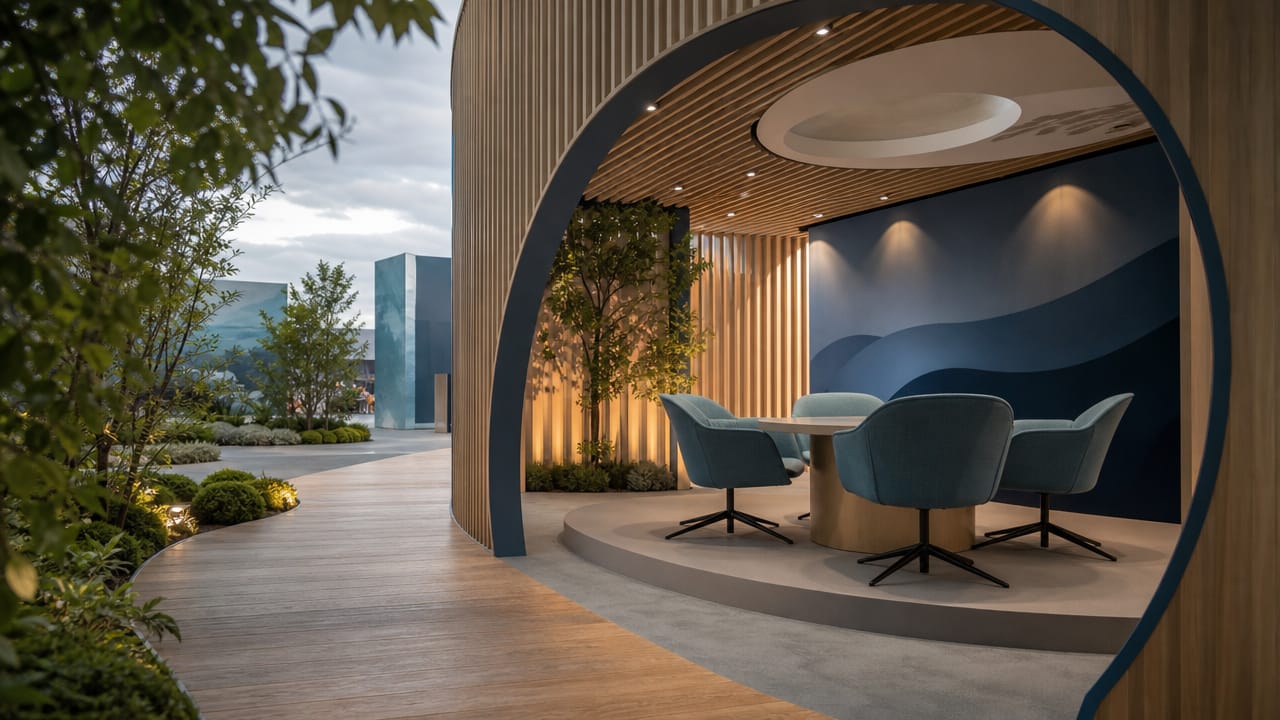 Modern trade show stand with integrated meeting zones and branded seating for client discussions