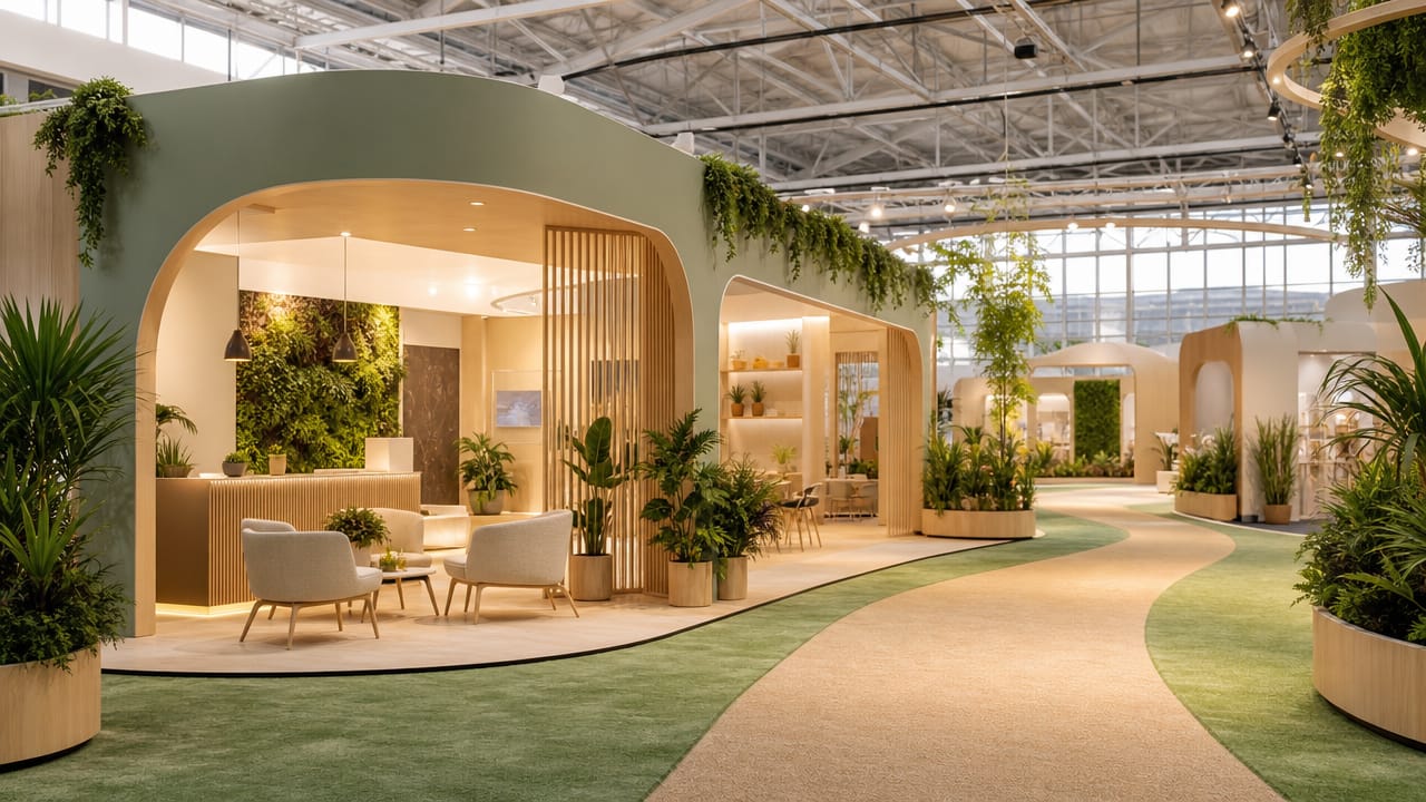 Modern shell scheme stand with branded graphics, lighting, and furniture creating an inviting trade show display