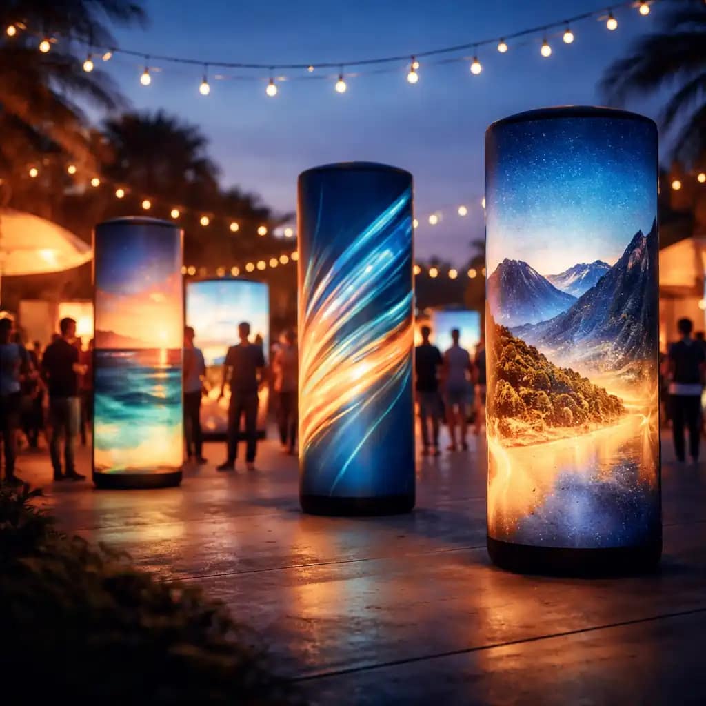 Branded glowing event towers showcasing LED-lit inflatable marketing displays at a busy trade show