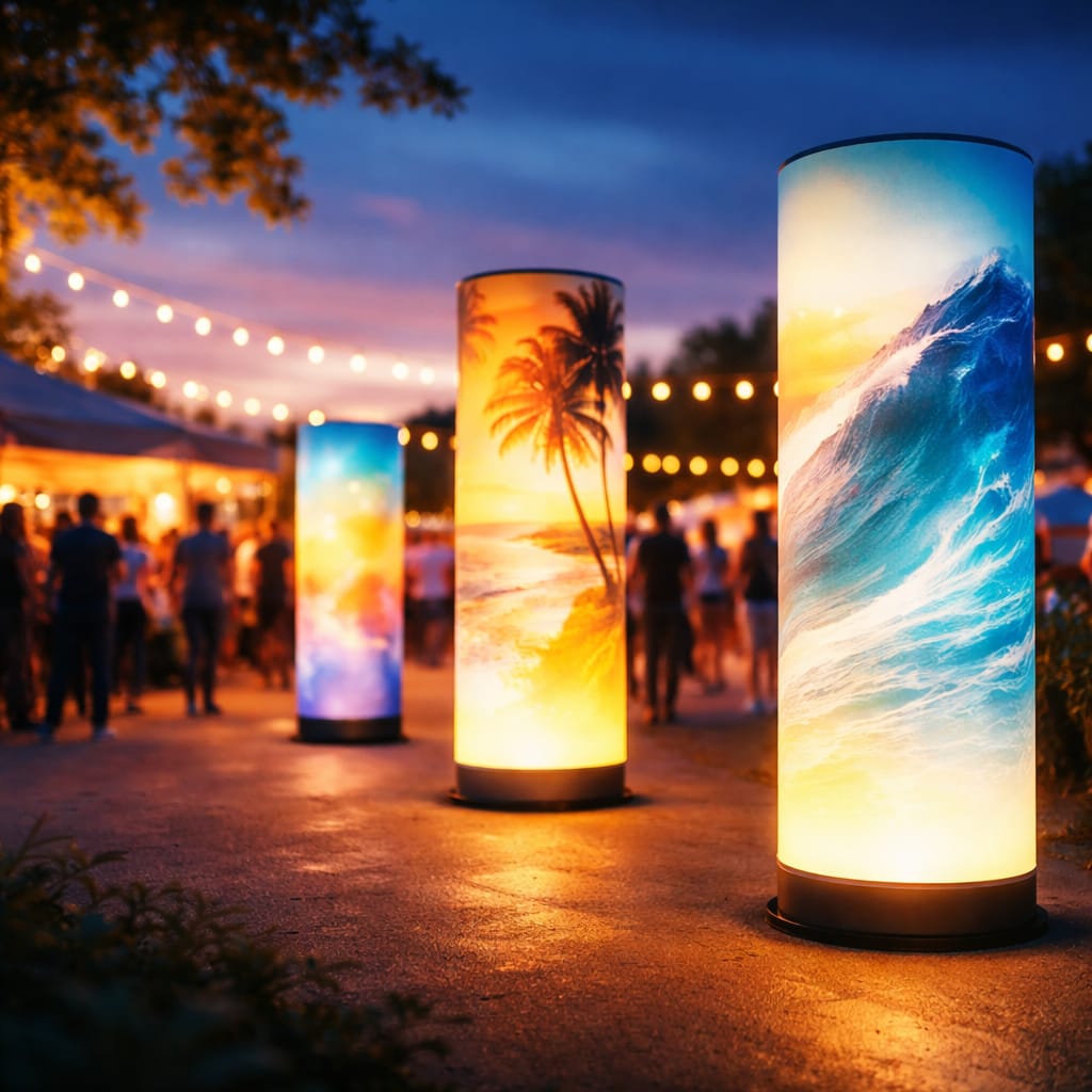 WaveLight Air Towers glowing as branded inflatable light columns at a trade show entrance