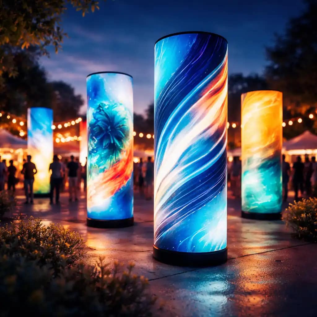 WaveLight Air Towers used as glowing event brand beacons to maximise illuminated inflatable displays at a trade show