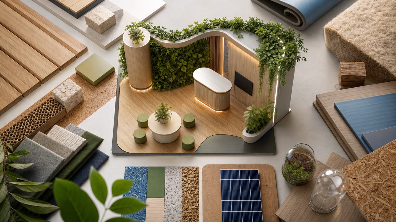 Modern sustainable shell scheme booth with recycled materials and LED lighting at an Australian exhibition