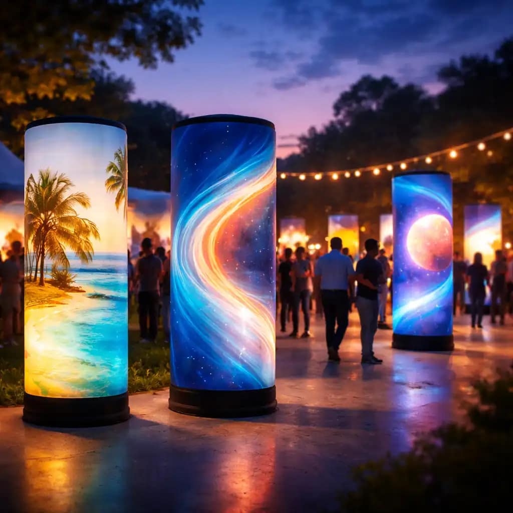 Trade show booth featuring WaveLight Air Towers and portable backlit tower displays for branded visibility