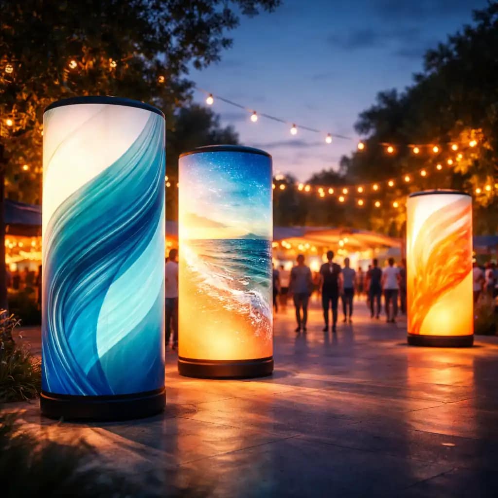 WaveLight Air Towers with bright LED lighting showcasing branded graphics at a trade show