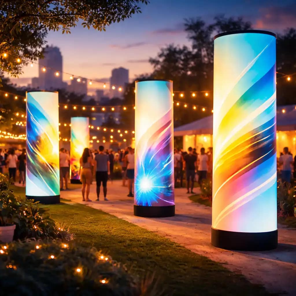 WaveLight Air Towers as 360 degree illuminated event signage creating a high-impact trade show entrance