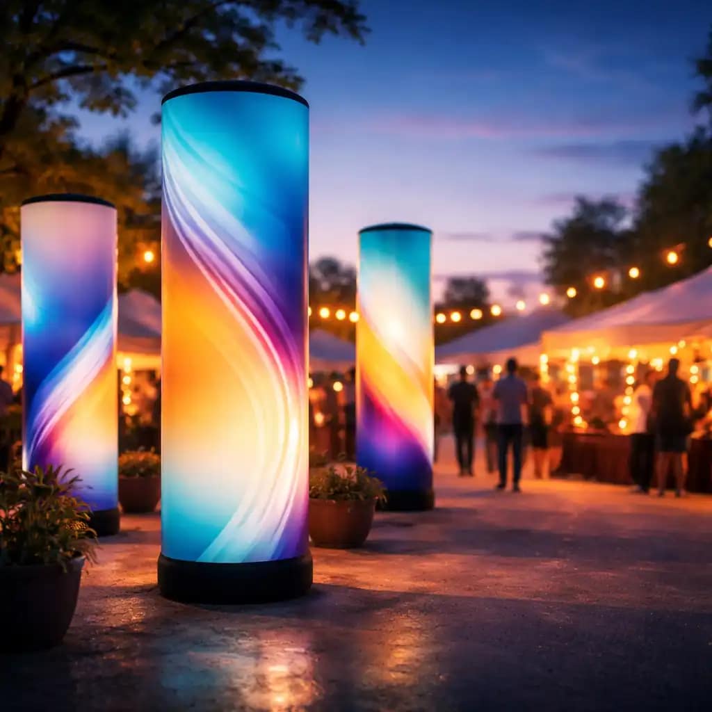 Backlit inflatable displays showcasing branded graphics with LED illumination at a busy event