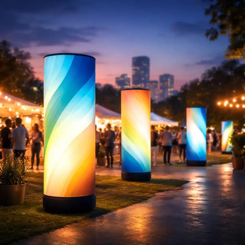 WaveLight Air Towers with 360-degree illuminated branding drawing attention at a busy indoor event