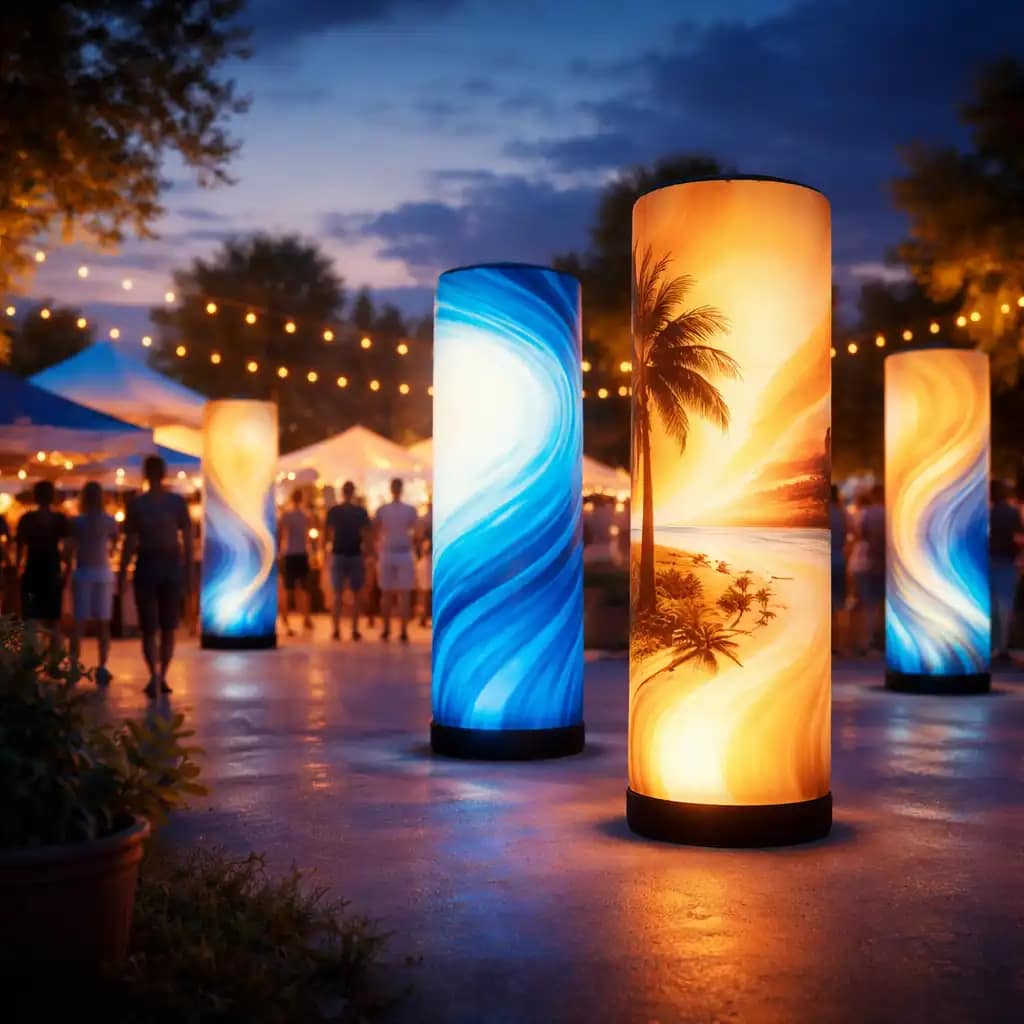 WaveLight Air Towers with LED-lit promotional air towers showcasing 360 degree backlit branding at a trade show