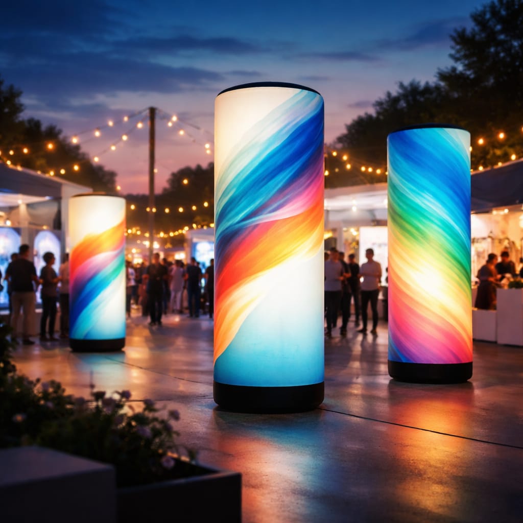 WaveLight Air Towers trade show inflatable towers with custom branding and bright LED backlighting