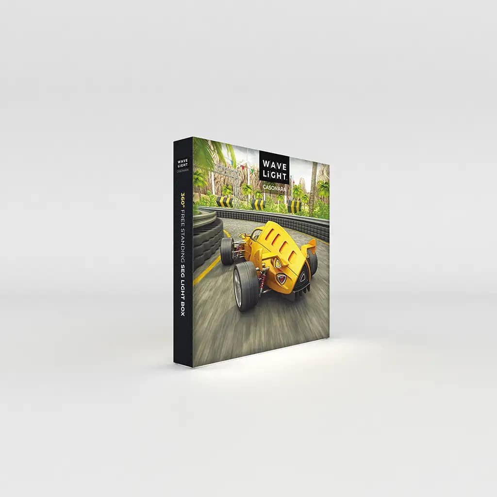 WaveLight® Casonara Lightbox showcasing vibrant graphics, ideal for portable advertising displays and event promotions.