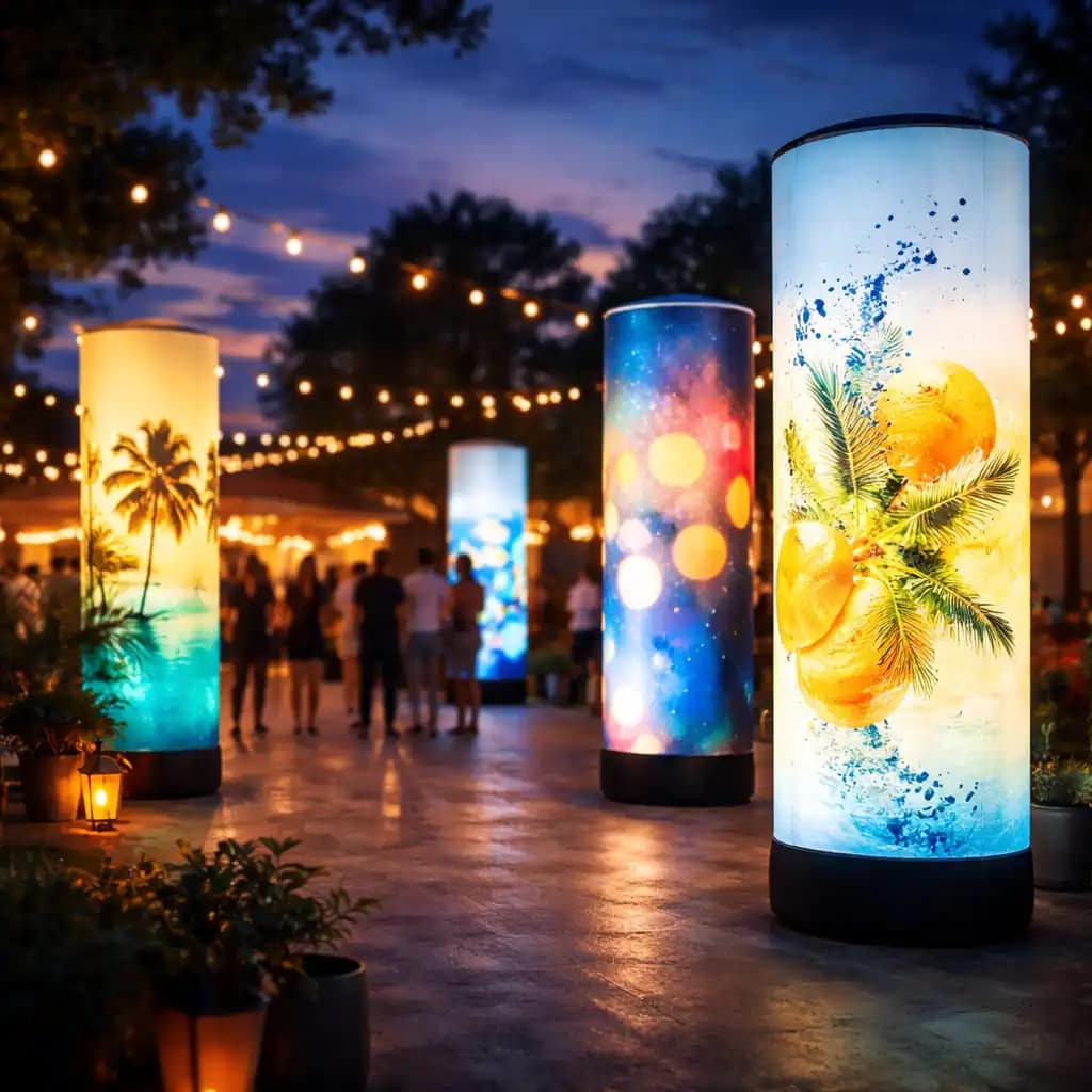 WaveLight Air Towers glowing at an indoor event, showcasing branded graphics and illuminated inflatable display towers