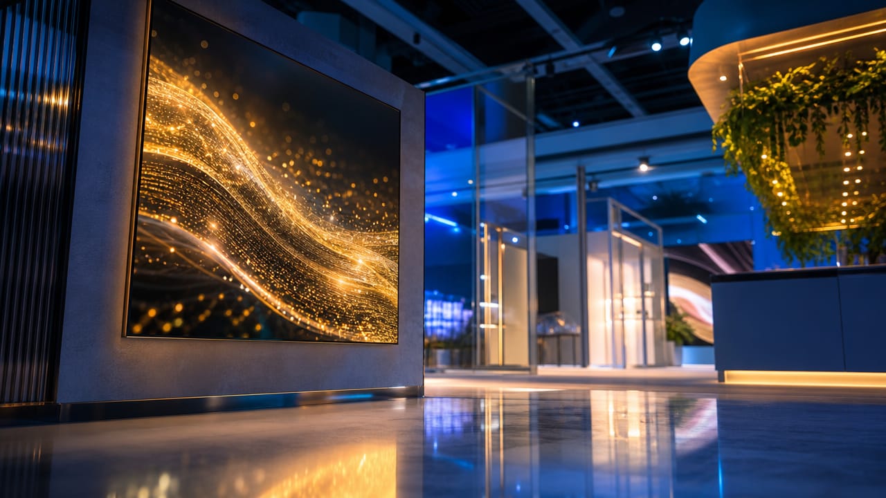 Digital signage attracting visitors to compact Shell Scheme Stands at an Australian trade show