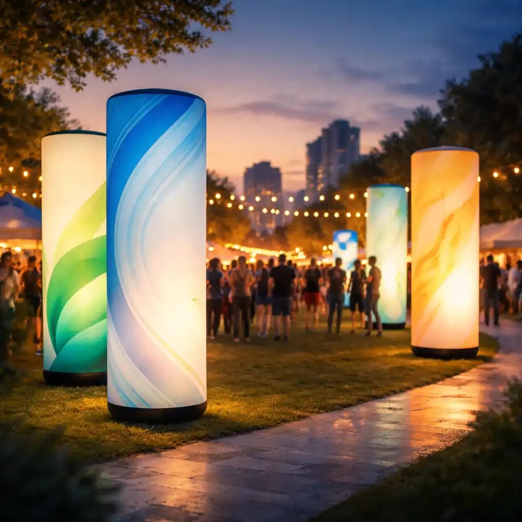 WaveLight Air Towers used as branded inflatable light columns at a busy indoor trade show