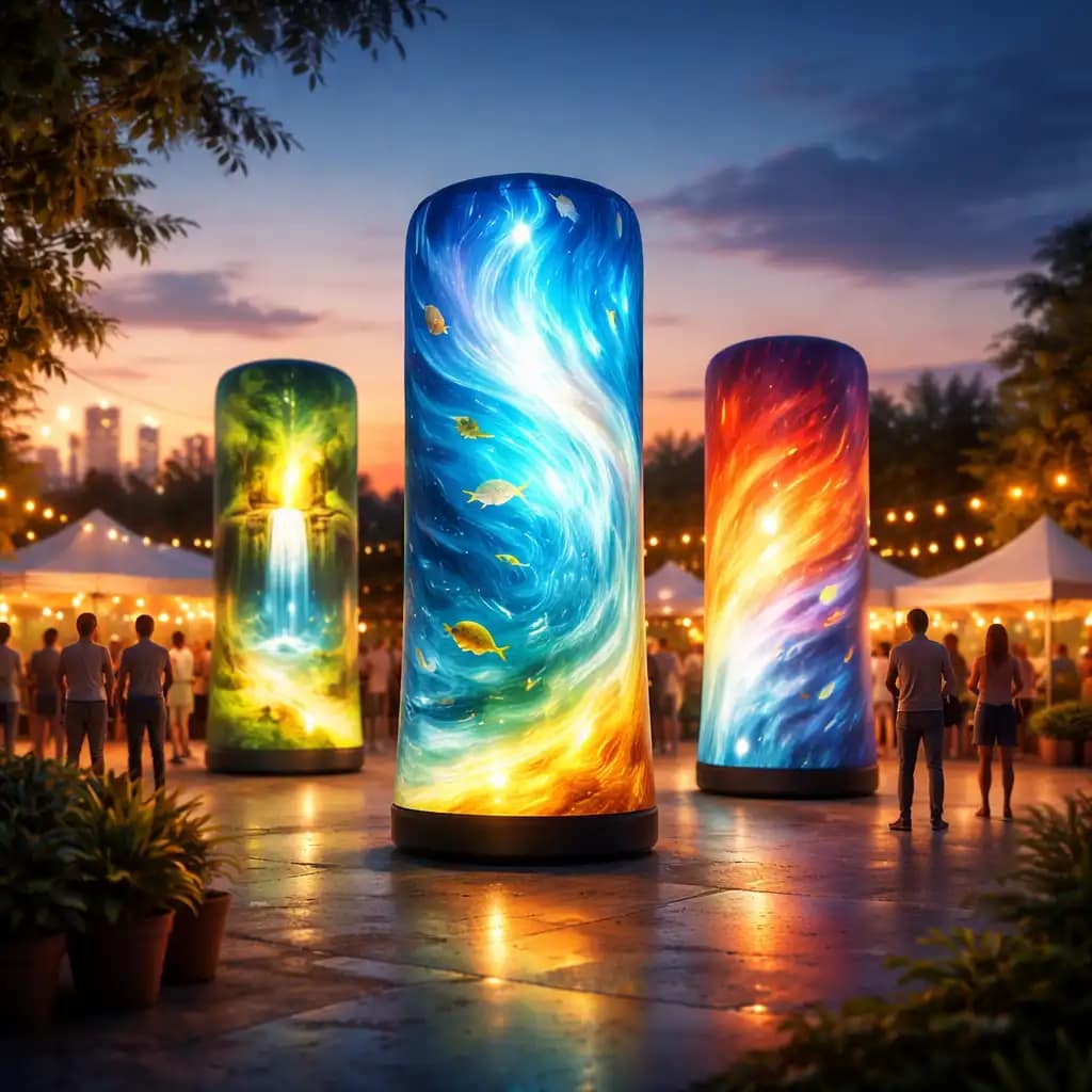WaveLight Air Towers with vibrant backlighting creating immersive branded light towers at a trade show