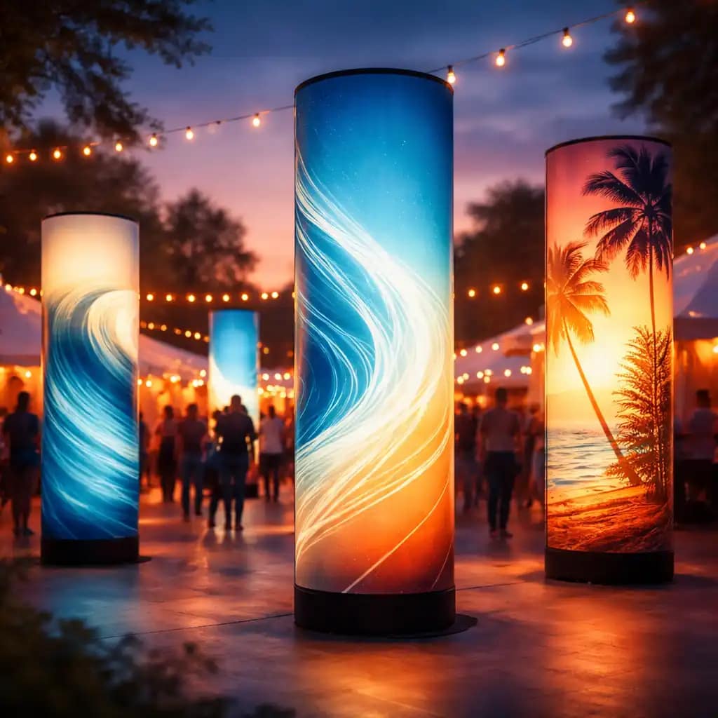 WaveLight Air Towers used as illuminated trade show displays to attract attendees in a busy exhibit hall