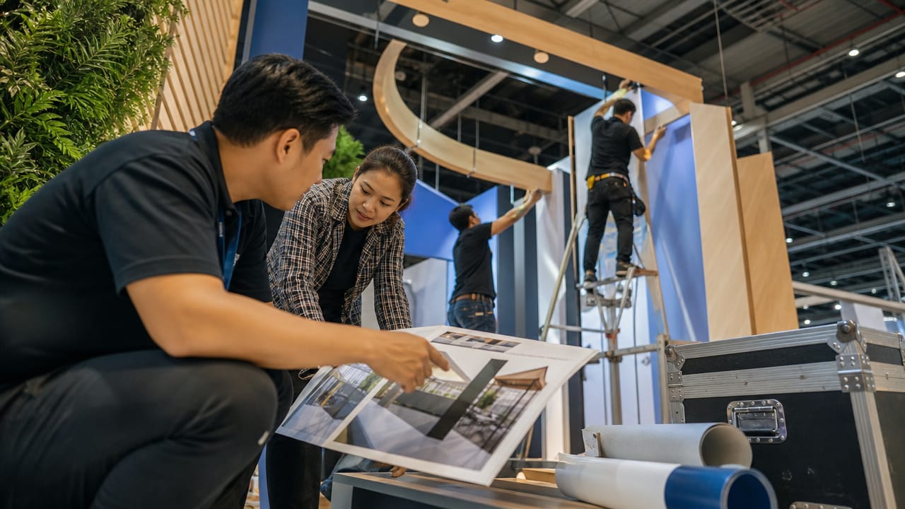 Australian marketing team coordinating exhibition vendors against a structured project timeline