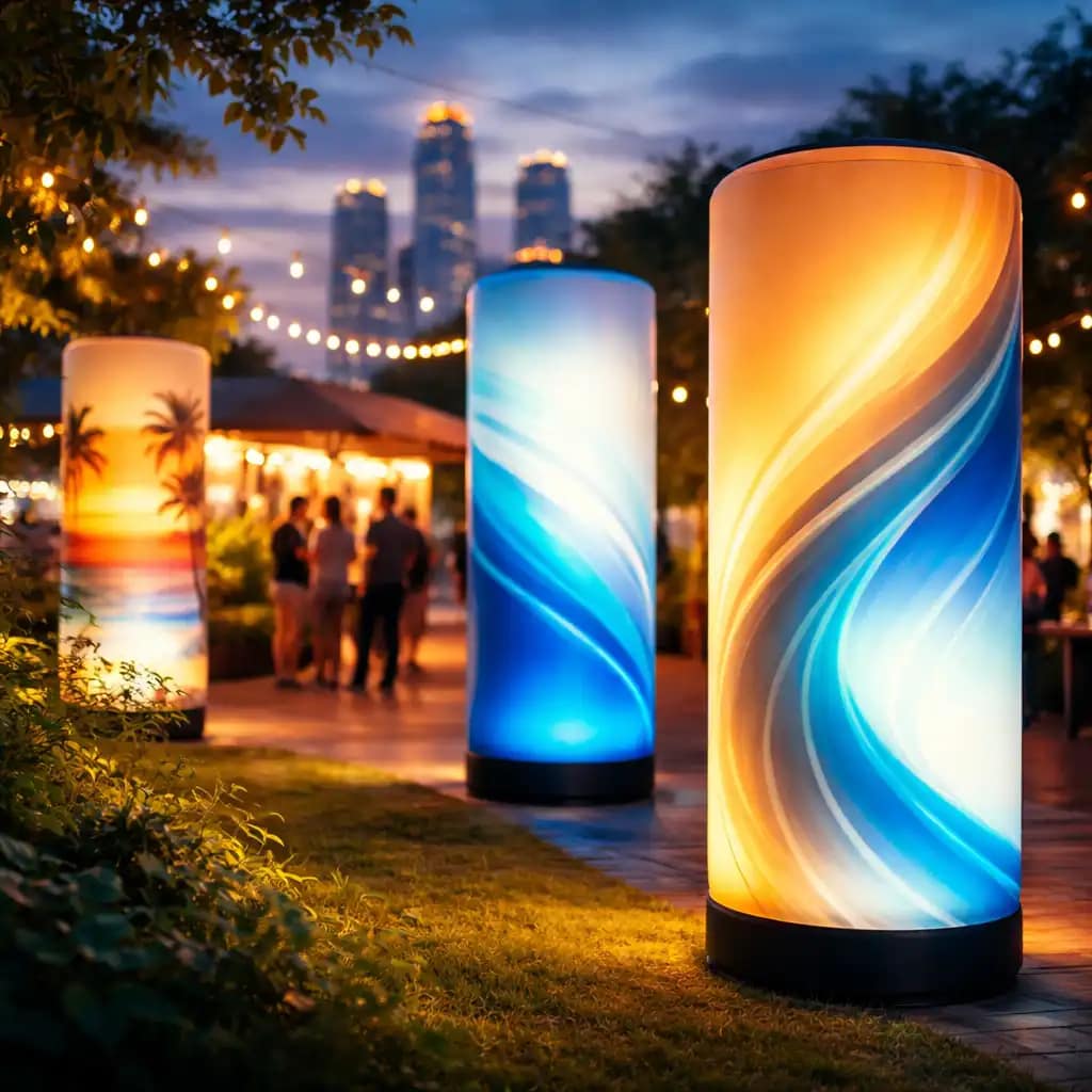 Trade show booth featuring WaveLight Air Towers as illuminated portable backlit displays for branding impact
