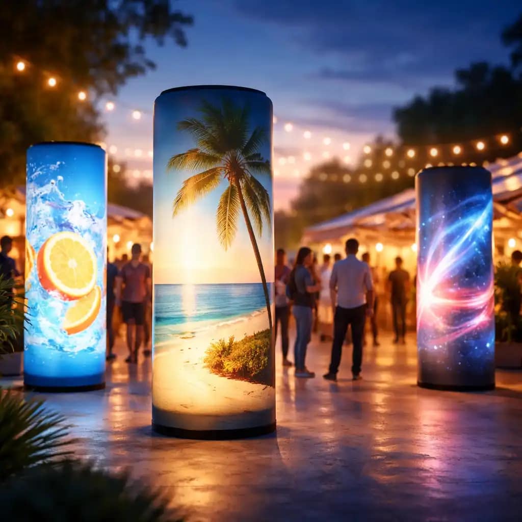 WaveLight Air Towers used as illuminated event signage and backlit inflatable displays at a trade show