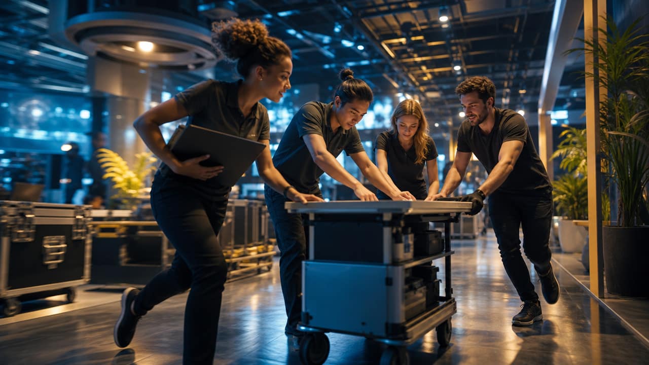 Australian team reviewing trade show preparation and stand strategy together