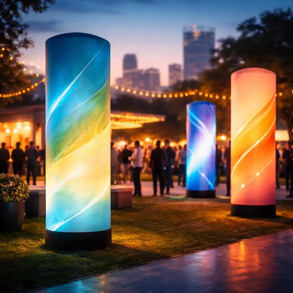 WaveLight Air Towers branded inflatable light towers with LED illumination at an indoor event