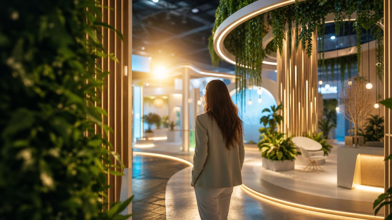 Exhibition stand planning with interactive design and staff engaging trade show visitors