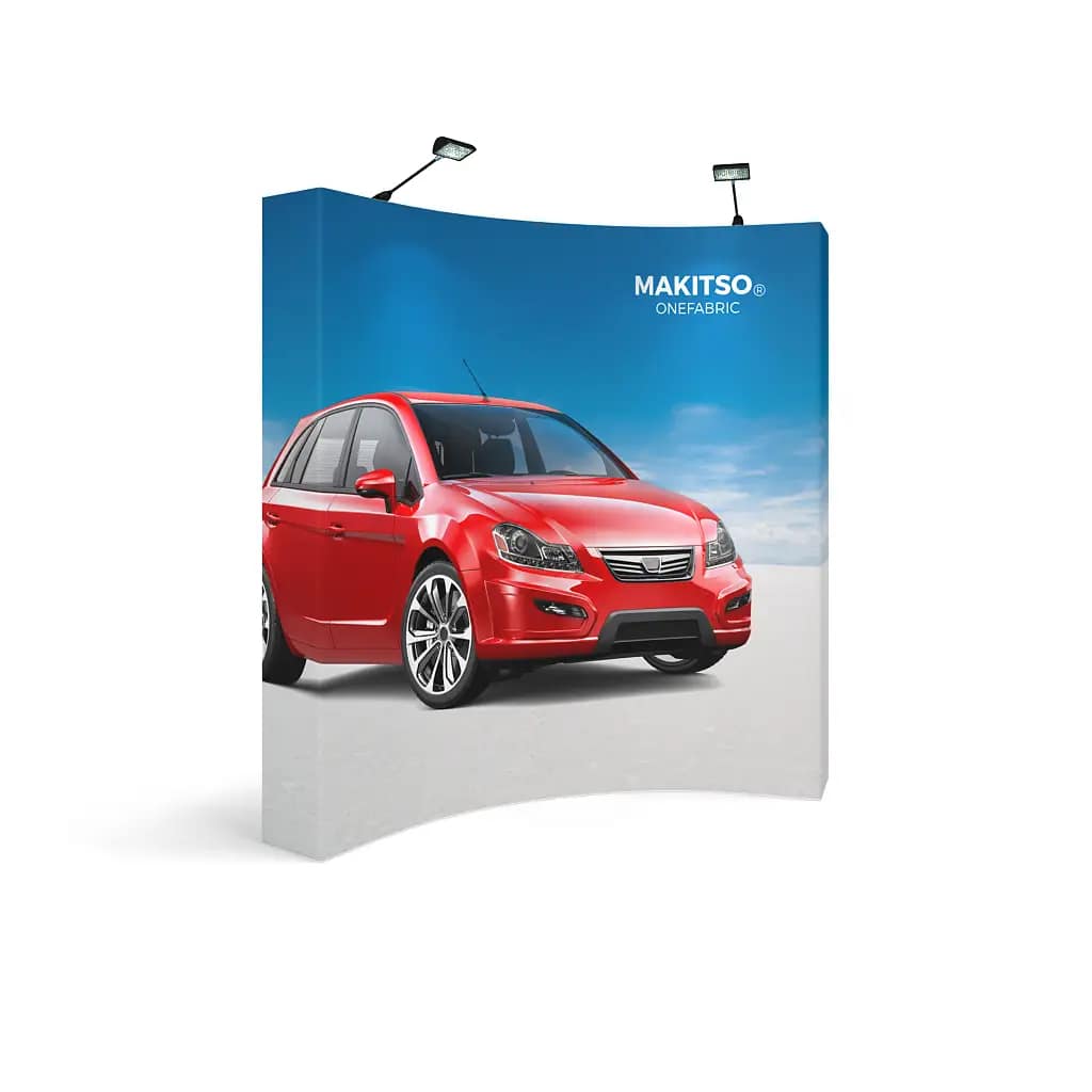 OneFabric pop-up banner showcasing a vibrant car design, ideal for portable advertising solutions at events.