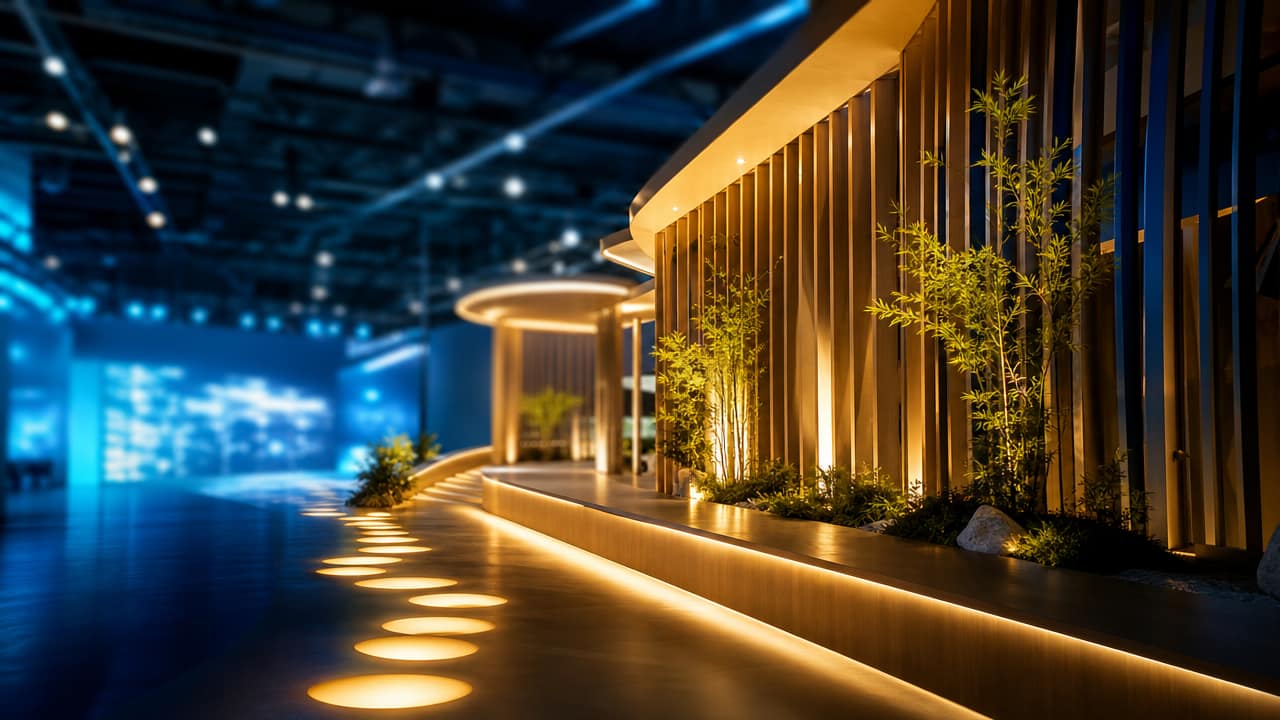 Trade show stand using bold branded signage elements and clear wayfinding in an Australian exhibition hall